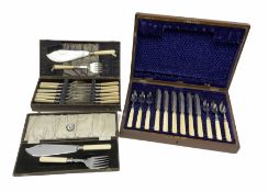 Silver plated fish knives and forks in hardwood case with brass inlay along with another cased set o
