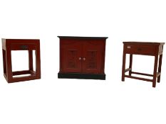 Painted Oriental cabinet and two lamp tables with drawer (3)