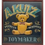 Kutz Toymaker sign with central low relief decoration of a teddy bear