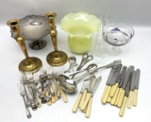 Glass and metal wares including pair of candlesticks