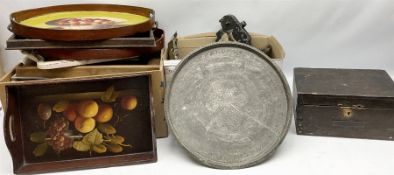 Collection of wooden trays three painted with still life decoration