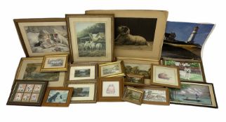 Various pictures and prints to include etching of recumbent dog