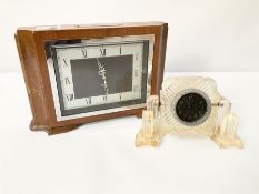 Two Art Deco style mantel clocks comprising a Smith's 8 Day wooden clock & a clear geometric design