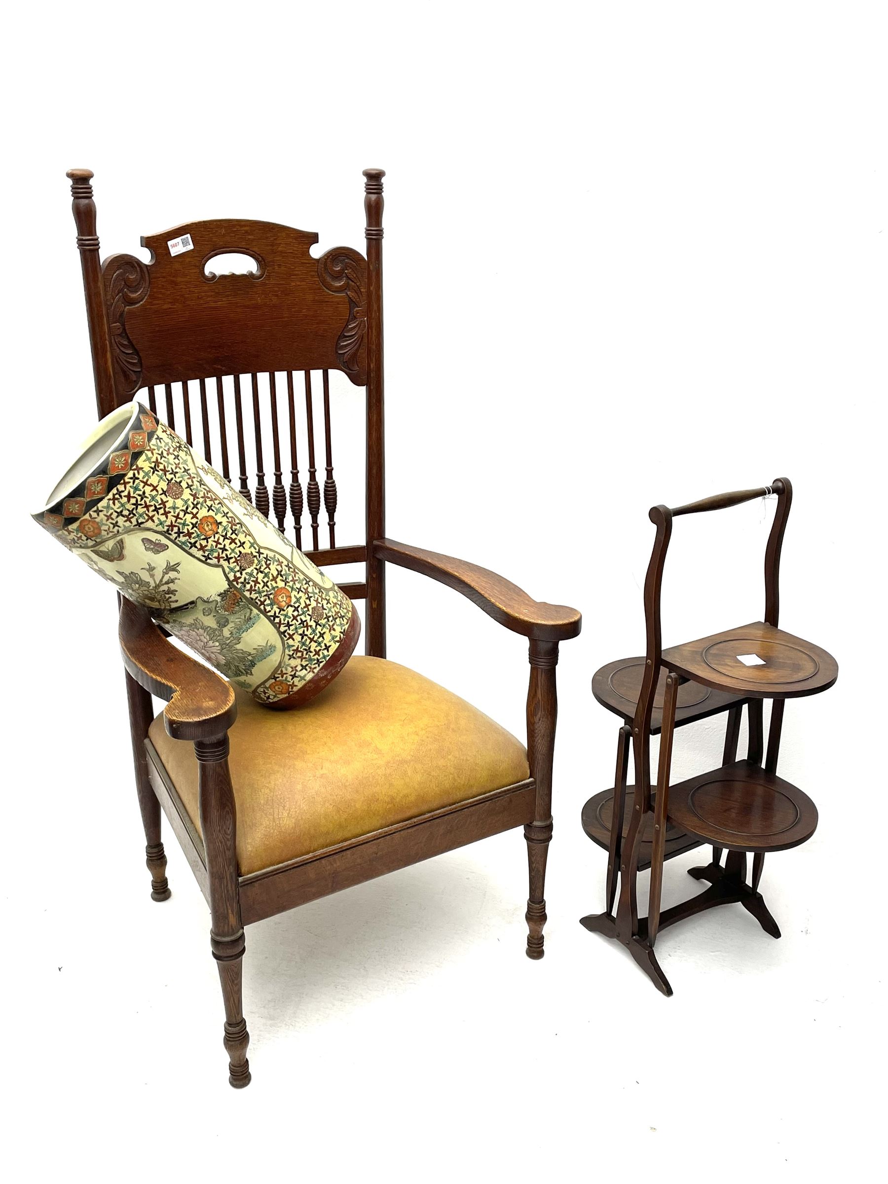 Colonial oak armchair with upholstered drop in seat