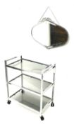 Mid to late 20th century chrome and glass drinks trolley and an Art Deco period bevelled mirror