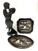 Oval wooden tray and an octagonal wooden try both with mother of pearl inlay scenes