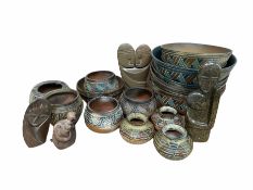 Native American style geometric decorated vases and bowls