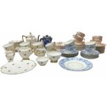 Collection of tea wares including set of four cups and saucers and six side plates decorated with bl