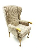 High seat wing back chair upholstered in check fabric