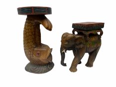 Carved wooden stand in the form of a fish H51.5cm and a carved wooden stand in the form of an elepha