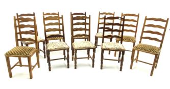 Set of 10 teak dining chairs with upholstered seats