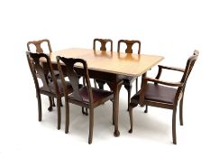 Early to mid 20th century beech extending dining table on cabriole supports with additional leaf (H7