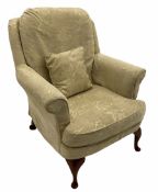Mahogany finish framed high seat chair loose upholstered in beige floral fabric