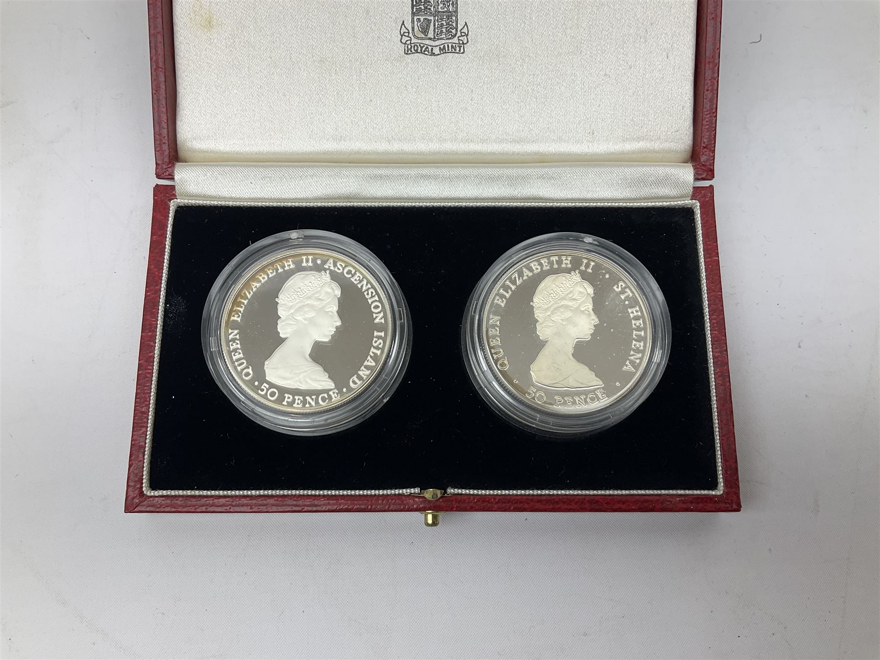 Queen Elizabeth II St. Helena and Ascension Island 1984 silver proof piedfort fifty pence two coin s - Image 3 of 6