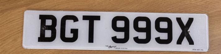 BGT 999X Cherished number plate. On Retention. Assignment Fee Paid. - THIS LOT IS TO BE COLLECTED BY
