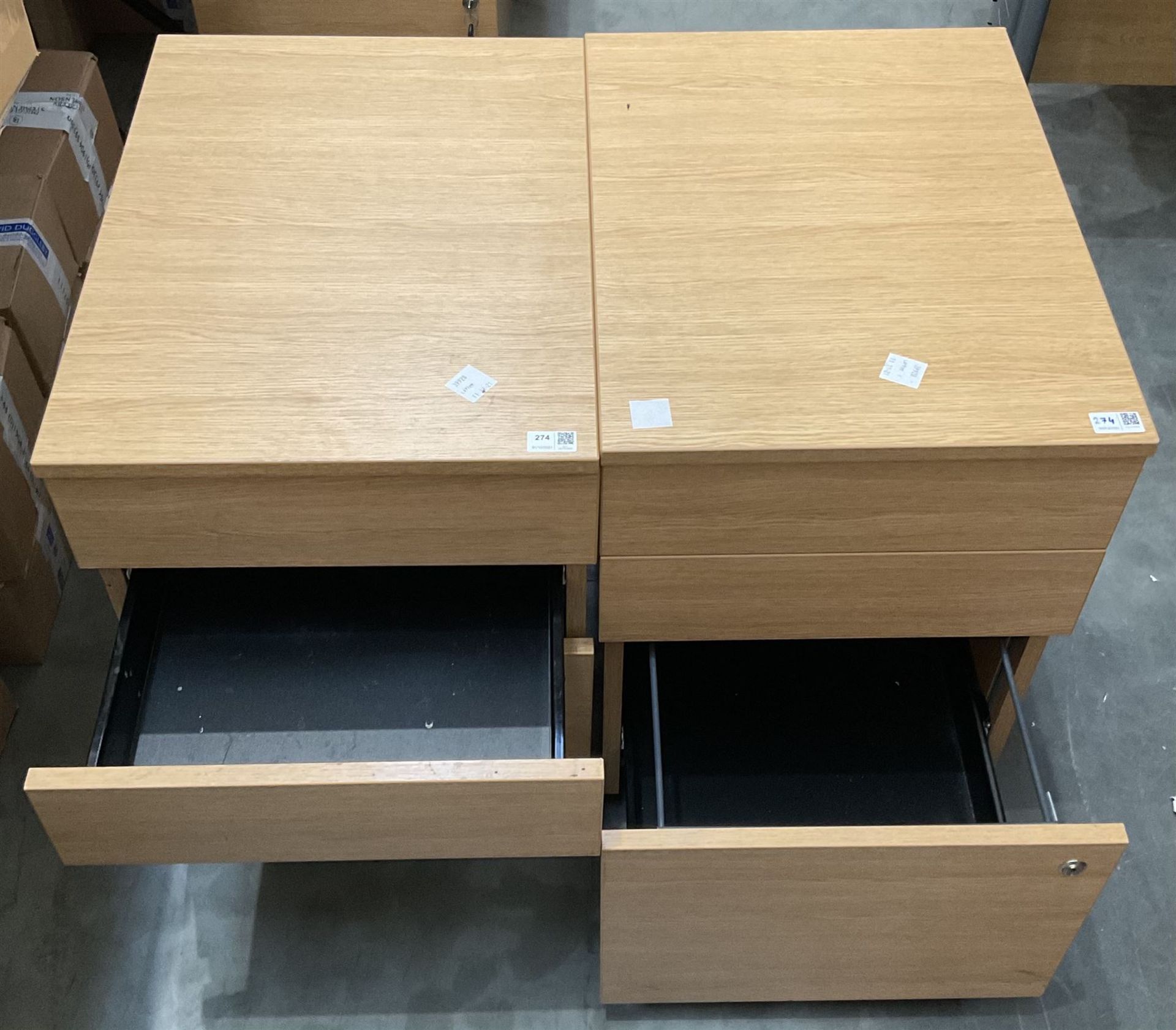 Two light oak effect three drawer pedestals on castors - THIS LOT IS TO BE COLLECTED BY APPOINTMENT - Image 2 of 2