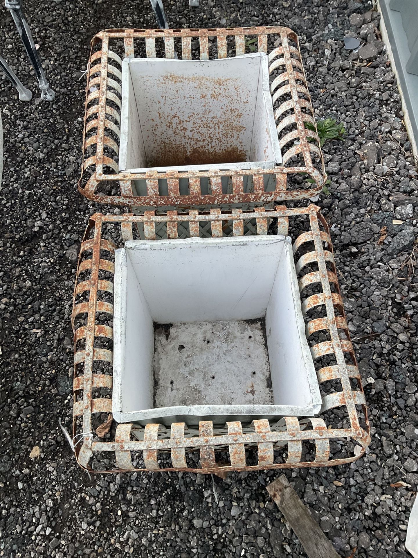 Pair small square metalwork lattice planters with liners - THIS LOT IS TO BE COLLECTED BY APPOINTMEN