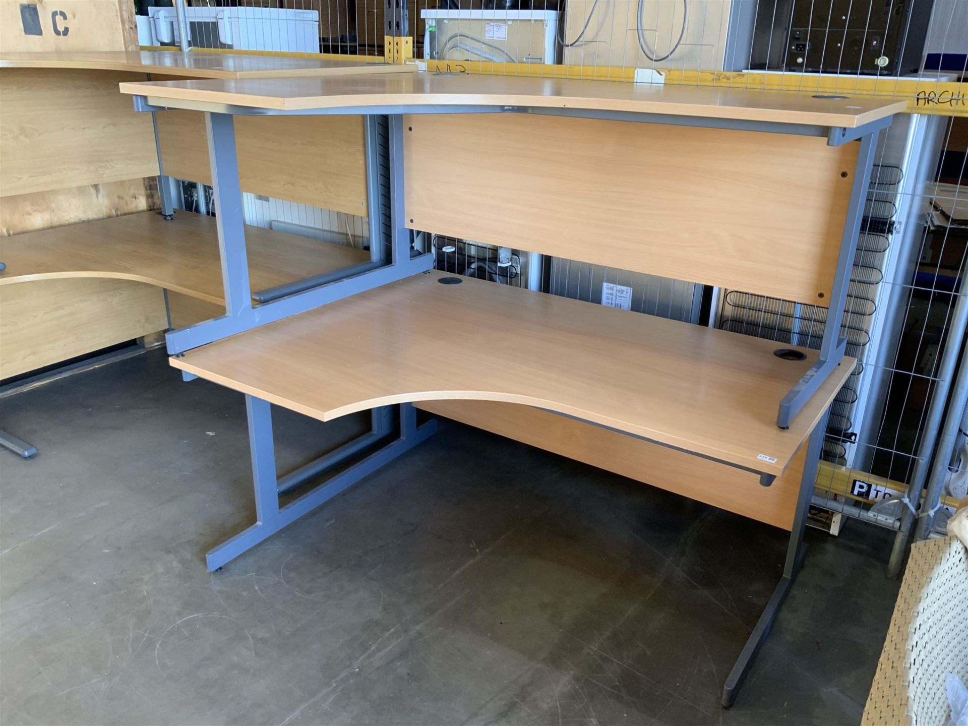 Two beech wood effect left hand return office desks - THIS LOT IS TO BE COLLECTED BY APPOINTMENT FR