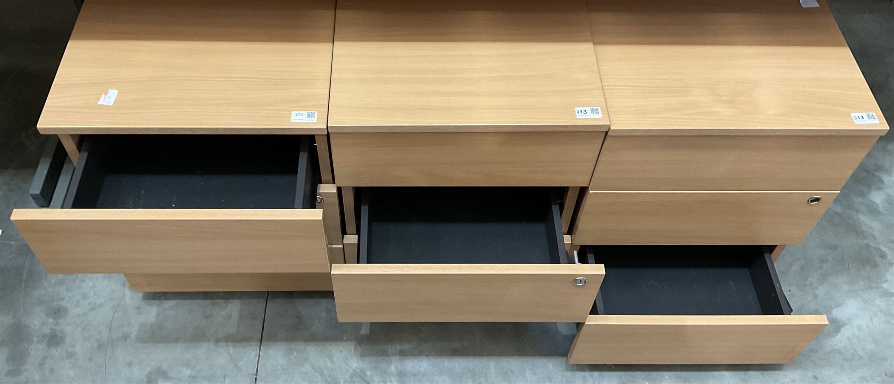 Three light beech wood effect three drawer office pedestals on castors - THIS LOT IS TO BE COLLECTED - Image 2 of 2