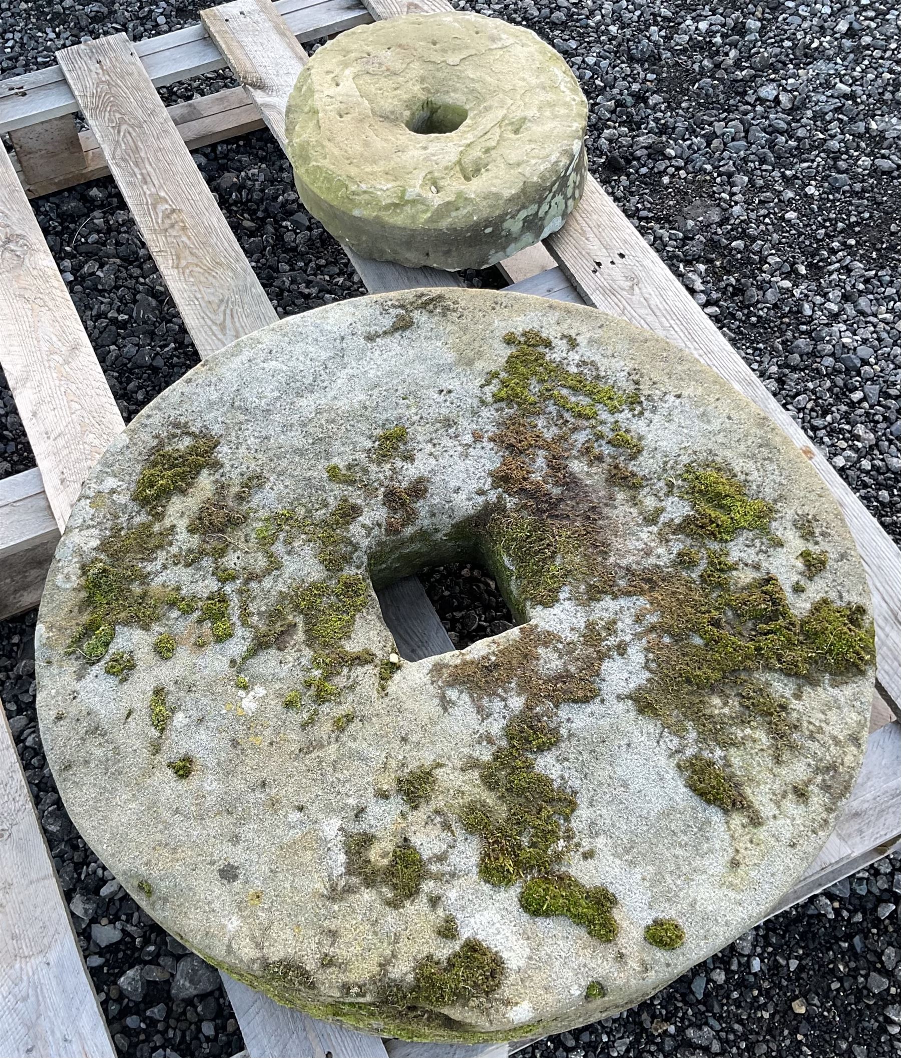 Two 19th century stone mill wheels D64cm and D33cm - THIS LOT IS TO BE COLLECTED BY APPOINTMENT FROM - Image 2 of 3