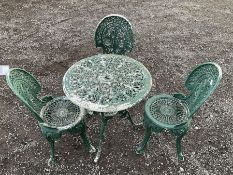 Painted aluminium circular garden table and three chairs - THIS LOT IS TO BE COLLECTED BY APPOINTMEN