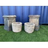 Pair of square terracotta chimney pots and two small circular planters - THIS LOT IS TO BE COLLECTED