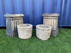 Pair of square terracotta chimney pots and two small circular planters - THIS LOT IS TO BE COLLECTED