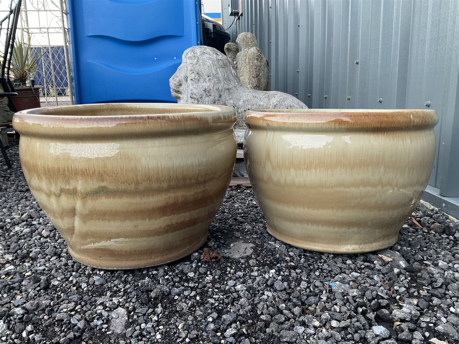 Pair of circular glazed garden planters - THIS LOT IS TO BE COLLECTED BY APPOINTMENT FROM DUGGLEBY S