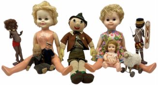 Collection of vintage dolls including two Australian Brownie Downing stockinette dolls; two 1960s Ma