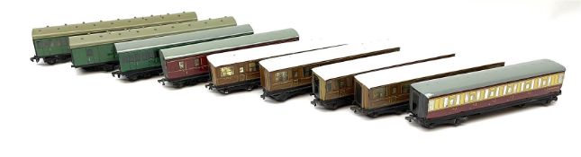 Hornby Dublo - nine unboxed coaches including four LNER teak style for First/Third and Third class