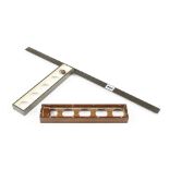 A craftsman made engineer's square with orig wood template and a 24" CHESTERMAN rule G++