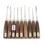 Nine ASHLEY ILES carving tools with rosewood handles G+