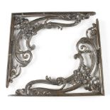 Nine cast iron shelf brackets 14" x 12" with 17.12.14 cast into frame G+