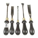 Five ebony handled carving gouges by ADDIS, BUCK etc 3/8" to 7/8" G++