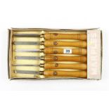 A little used set of 6 turning tools by MARPLES with beech handles in tatty box, one handle