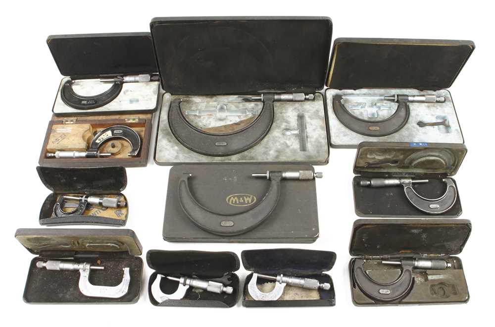 11 engineers micrometers to 6" mainly by MOORE & WRIGHT all in orig boxes G