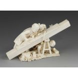 A very fine quality 19c Japanese ivory okimono of a carpenter planing his work with other tools