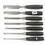 Seven bevel edge chisels with black handles (probably Stanley but no name) G+