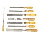 Eight long paring chisels and gouges G+