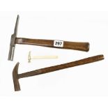 Three hammers - a miniature brass with ivory handle 4" long, a strapped and a cobblers heel hammer