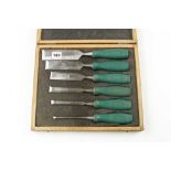 A set of six MARPLES bevel edge chisels with green resin handles in orig box G+