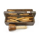 33 carving tools with mallet in wood trug G+
