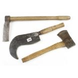 A No 2 hatchet by WHITEHOUSE, a 5" froe and a billhook marked A53 G+