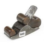 An unusual compass soled iron chariot plane 6" x 2 1/4" with bulbous beech infill and wedge G+