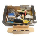 A box of tools inc mitre box, chuck and jaws, Tormek accessories etc G++