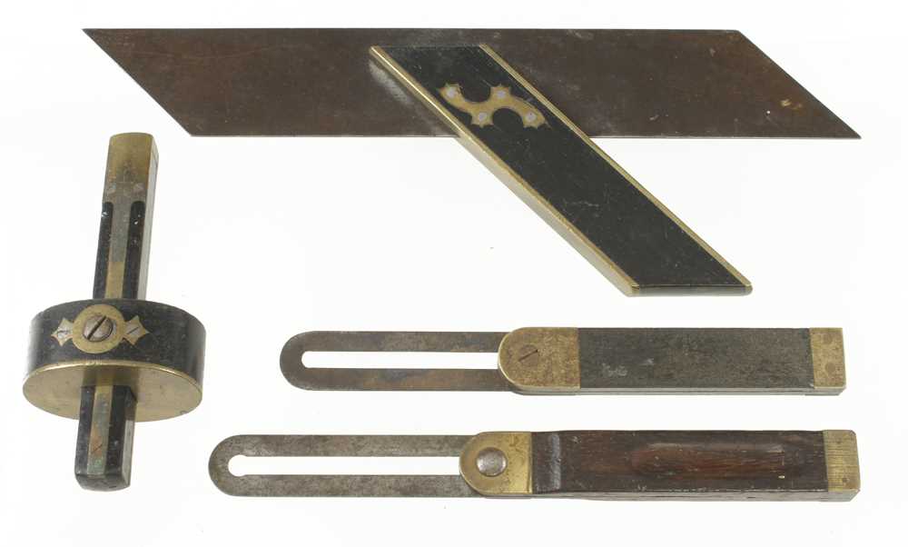 An ebony and brass mortice gauge, a mitre square and two bevels G