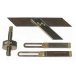 An ebony and brass mortice gauge, a mitre square and two bevels G