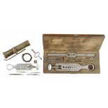 A tap and die set stamped WF JOHNSON Leicester in orig box and another set in leather roll G+