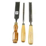 Three bevel edge paring chisels 1/2" 1" and 1 1/2" G+