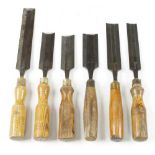 Six long bevel edge paring chisels 1 1/4", 1 1/2" AND 1 3/4" by HEARNSHAW, MARPLES, SORBY and